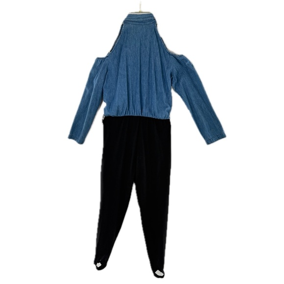 Vintage 90's Denim Cold Shoulder Jumpsuit w/Black Stirrup Pants w/Pockets Size 4 - Picture 5 of 17